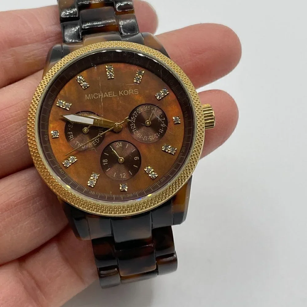 Michael Kors Ritz Simulated Tortoise Goldtone Case Sub Dials Women Watch MK5038